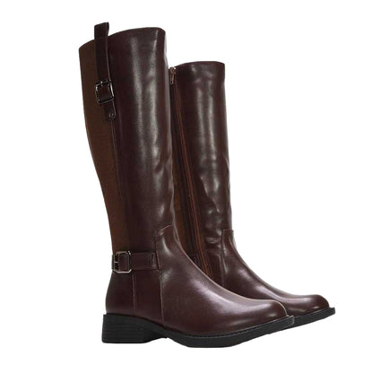 Brown - Side - XY London Womens-Ladies Seraphine Knee-High Stretch Low Heel Riding Boots