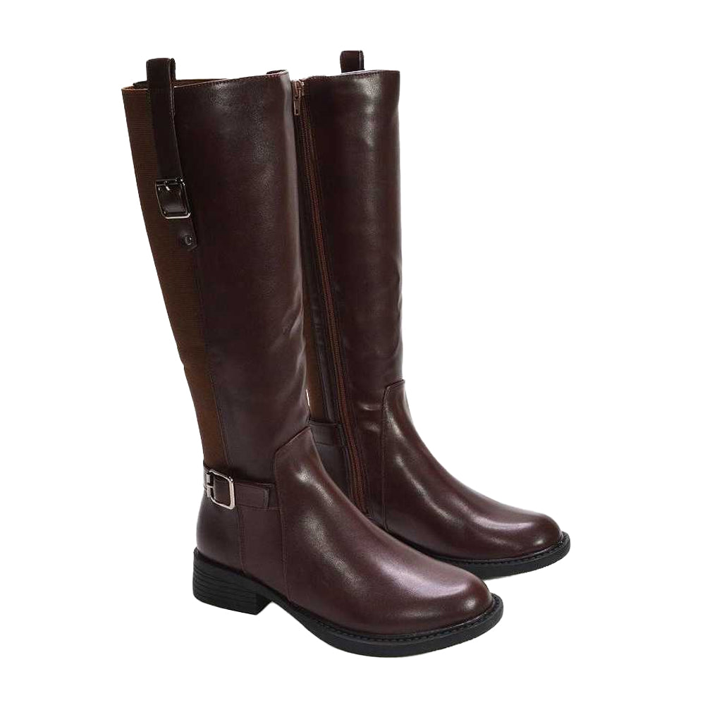 Brown - Pack Shot - XY London Womens-Ladies Seraphine Knee-High Stretch Low Heel Riding Boots