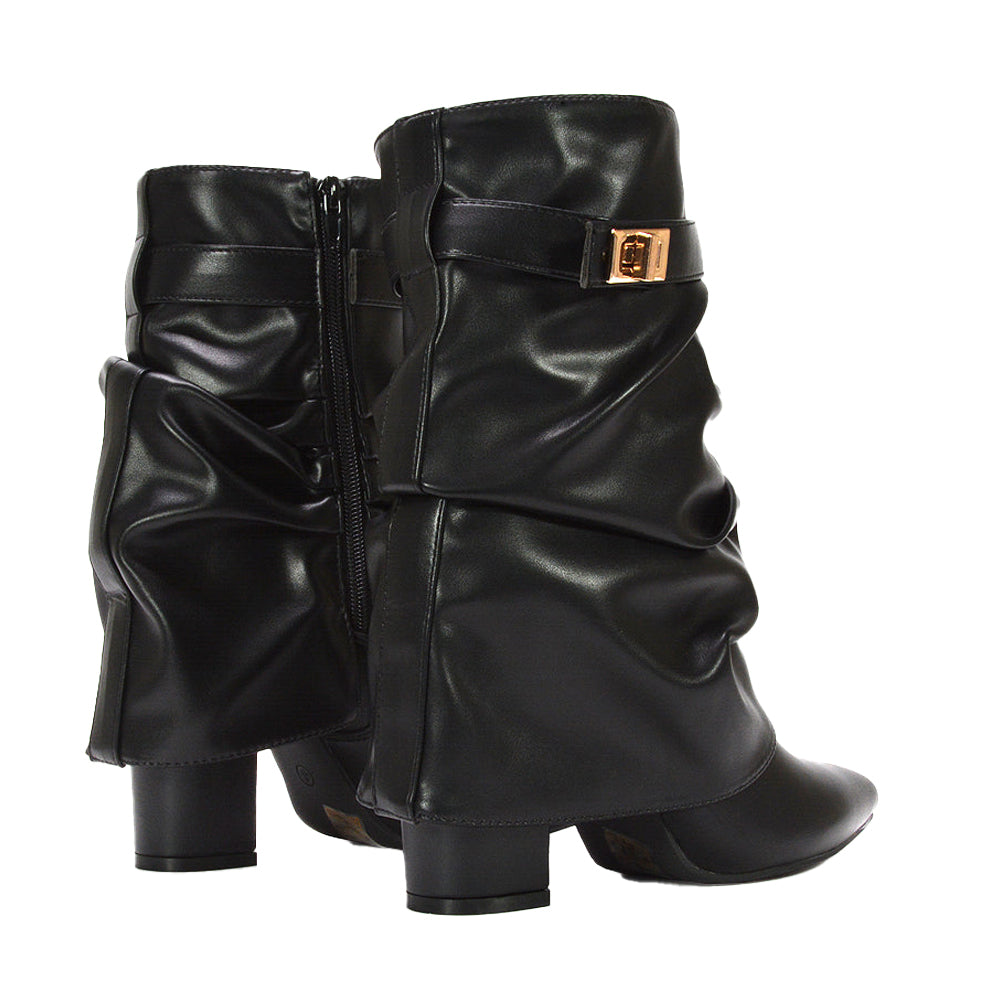 Black - Back - XY London Womens-Ladies Thalia Ruched Pointed Block Heel Ankle Boots
