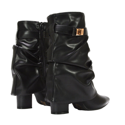 Black - Back - XY London Womens-Ladies Thalia Ruched Pointed Block Heel Ankle Boots
