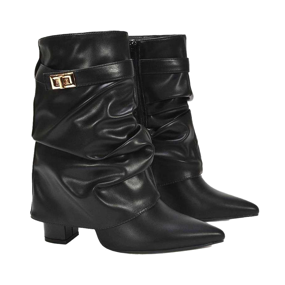 Black - Pack Shot - XY London Womens-Ladies Thalia Ruched Pointed Block Heel Ankle Boots