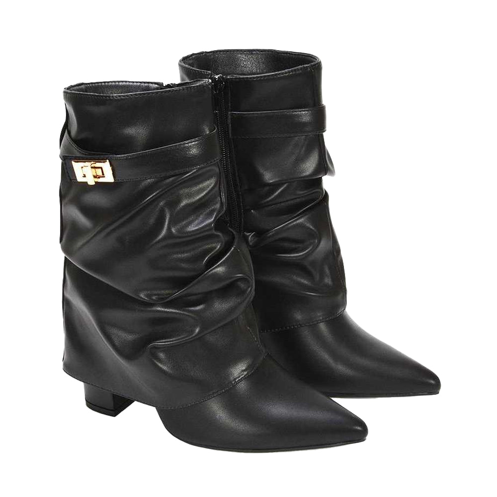 Black - Close up - XY London Womens-Ladies Thalia Ruched Pointed Block Heel Ankle Boots