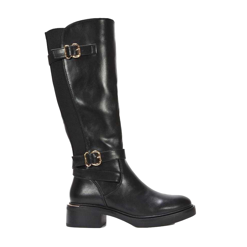 Black - Side - XY London Womens-Ladies Beatrice Elasticated Knee-High Biker Boots