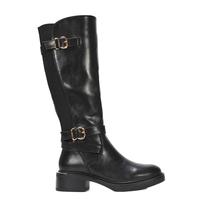 Black - Side - XY London Womens-Ladies Beatrice Elasticated Knee-High Biker Boots