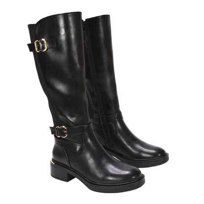 Black - Pack Shot - XY London Womens-Ladies Beatrice Elasticated Knee-High Biker Boots
