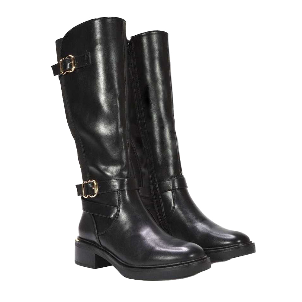 Black - Close up - XY London Womens-Ladies Beatrice Elasticated Knee-High Biker Boots