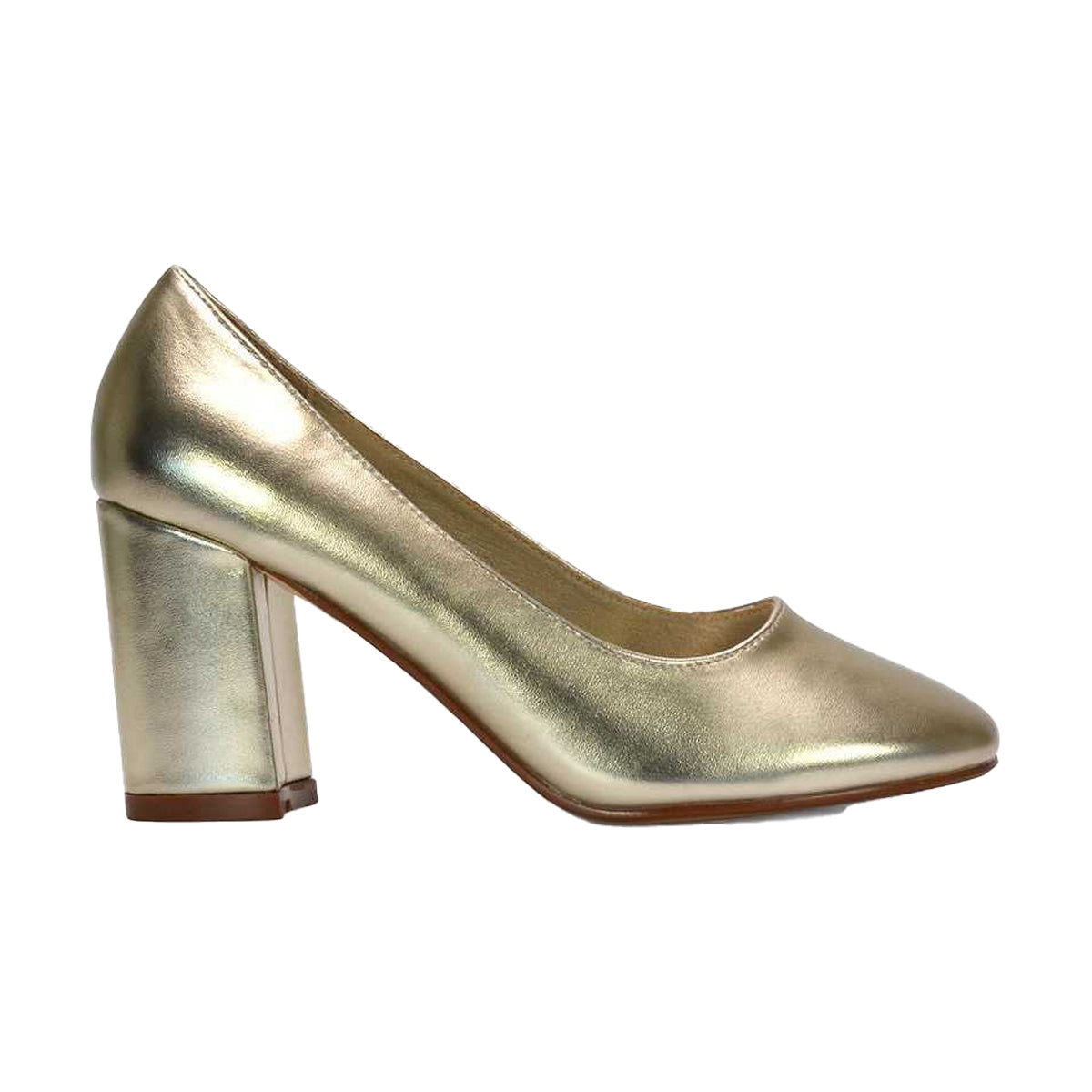 Gold - Side - XY London Womens-Ladies Esme Metallic Round Toe Mid Block Heel Court Shoes