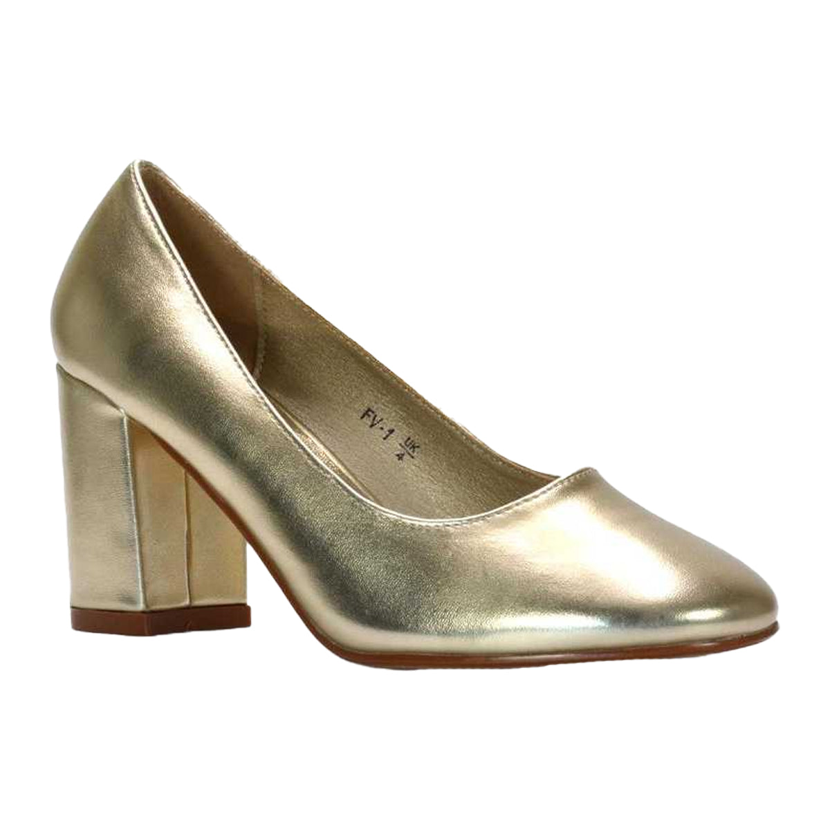 Gold - Lifestyle - XY London Womens-Ladies Esme Metallic Round Toe Mid Block Heel Court Shoes