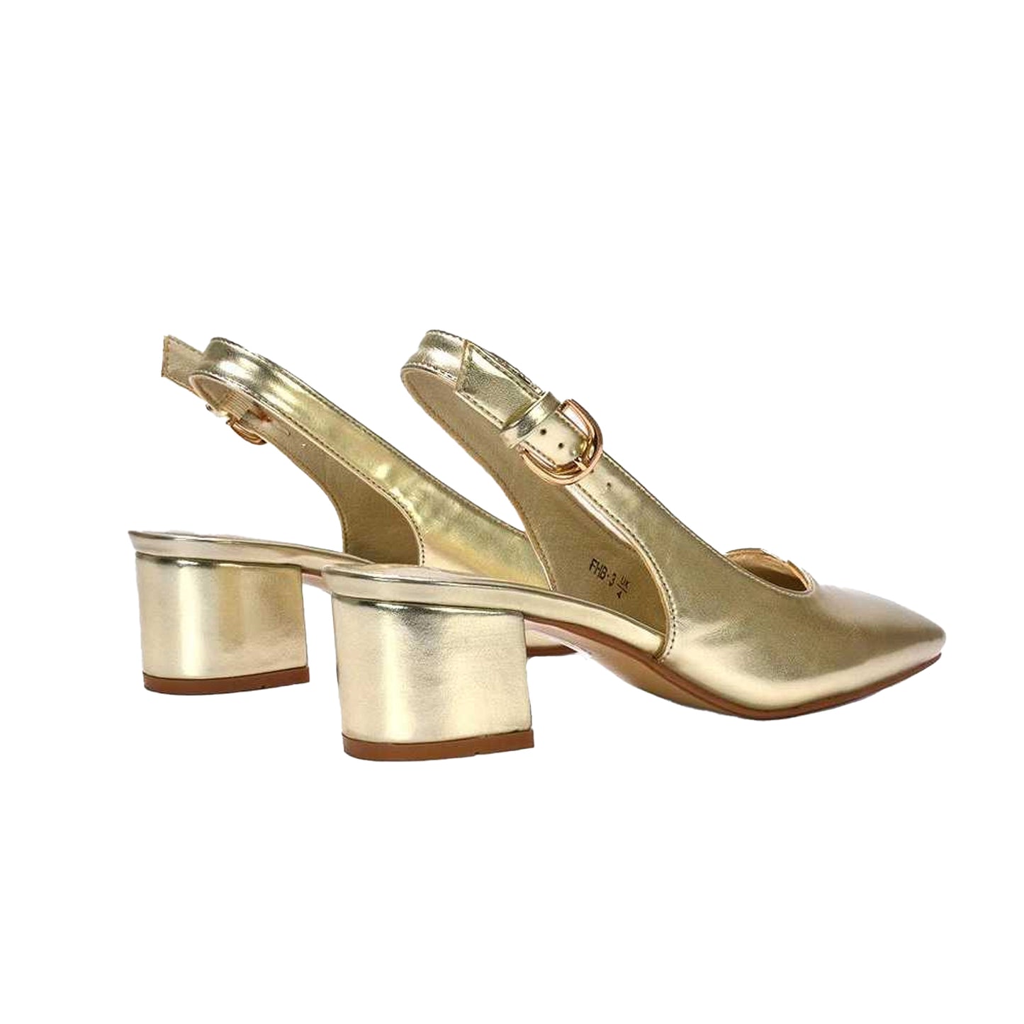 Gold - Back - XY London Womens-Ladies Elowen Metallic Sling Back Mid Block Heel Court Shoes