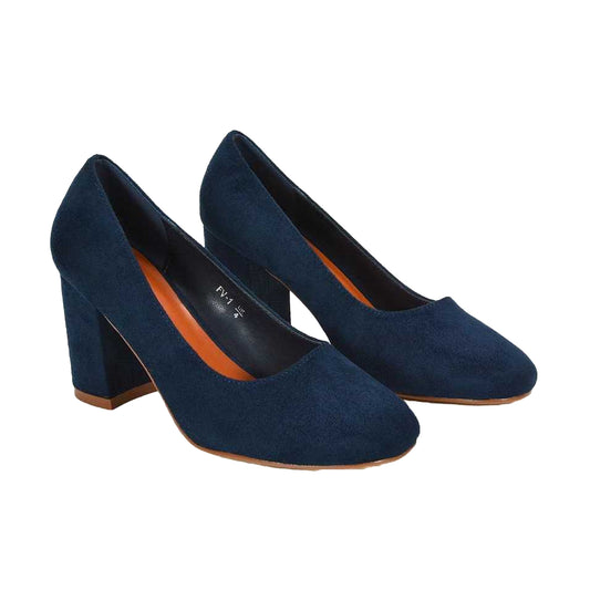 Navy - Front - XY London Womens-Ladies Esme Round Toe Mid Block Heel Court Shoes
