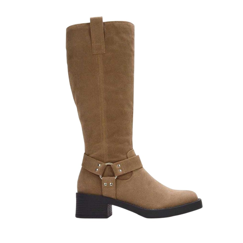 Taupe - Side - XY London Womens-Ladies Roma Knee-High Mid Block Heel Western Boots