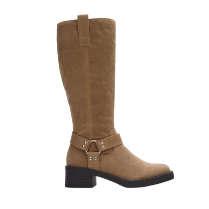 Taupe - Side - XY London Womens-Ladies Roma Knee-High Mid Block Heel Western Boots