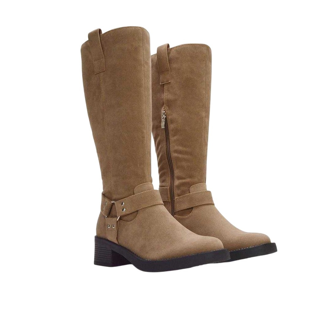 Taupe - Front - XY London Womens-Ladies Roma Knee-High Mid Block Heel Western Boots