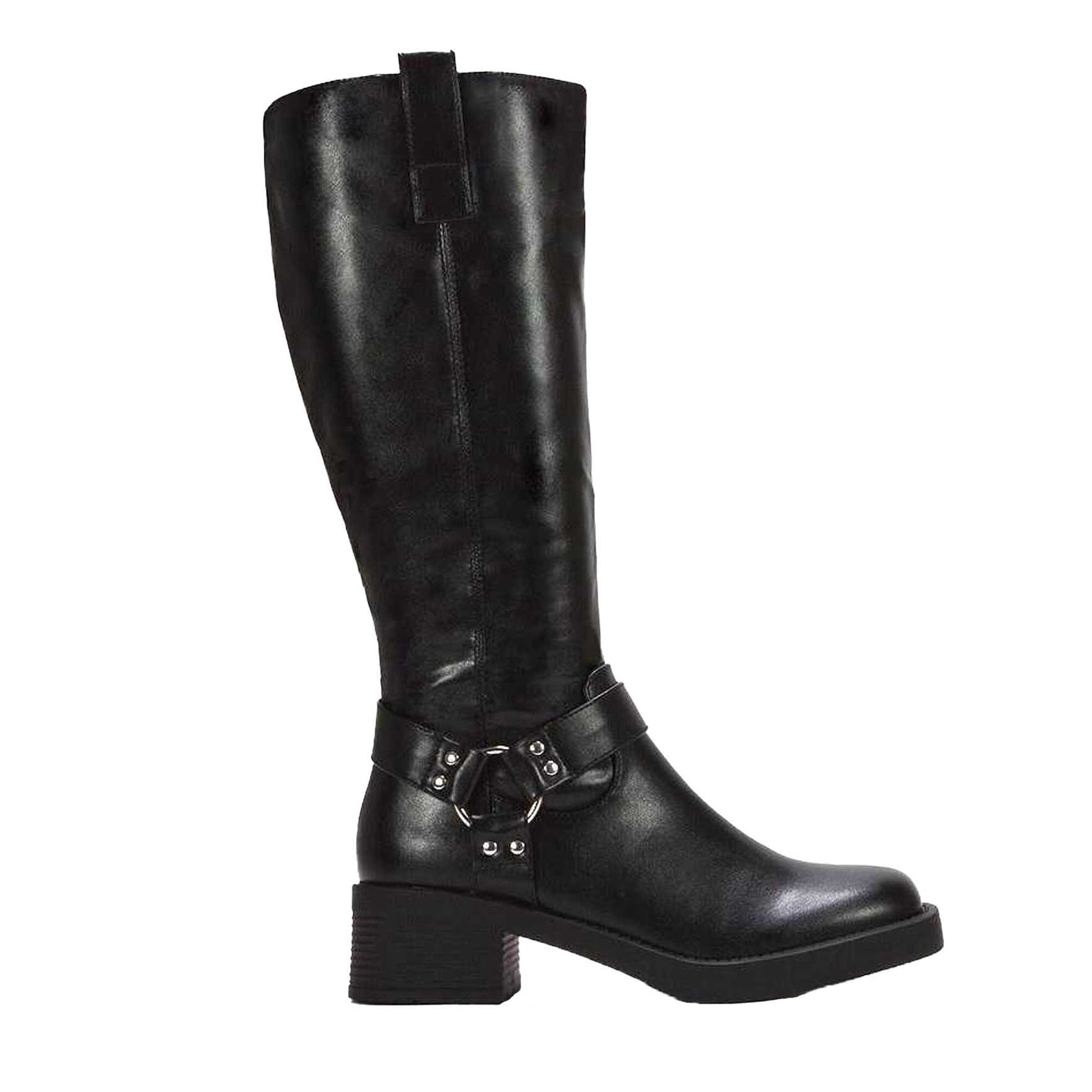 Black - Side - XY London Womens-Ladies Roma Knee-High Mid Block Heel Western Boots
