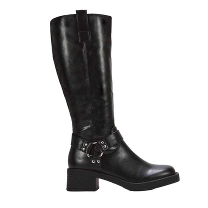 Black - Side - XY London Womens-Ladies Roma Knee-High Mid Block Heel Western Boots