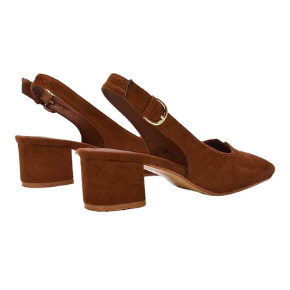 Brown - Back - XY London Womens-Ladies Elowen Sling Back Mid Block Heel Court Shoes
