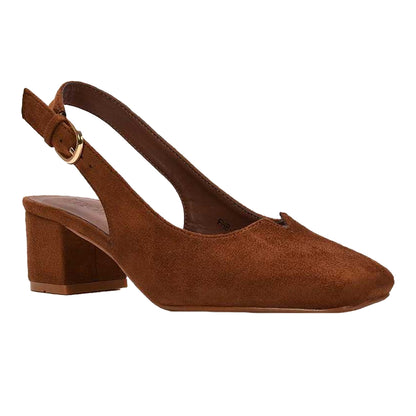 Brown - Side - XY London Womens-Ladies Elowen Sling Back Mid Block Heel Court Shoes