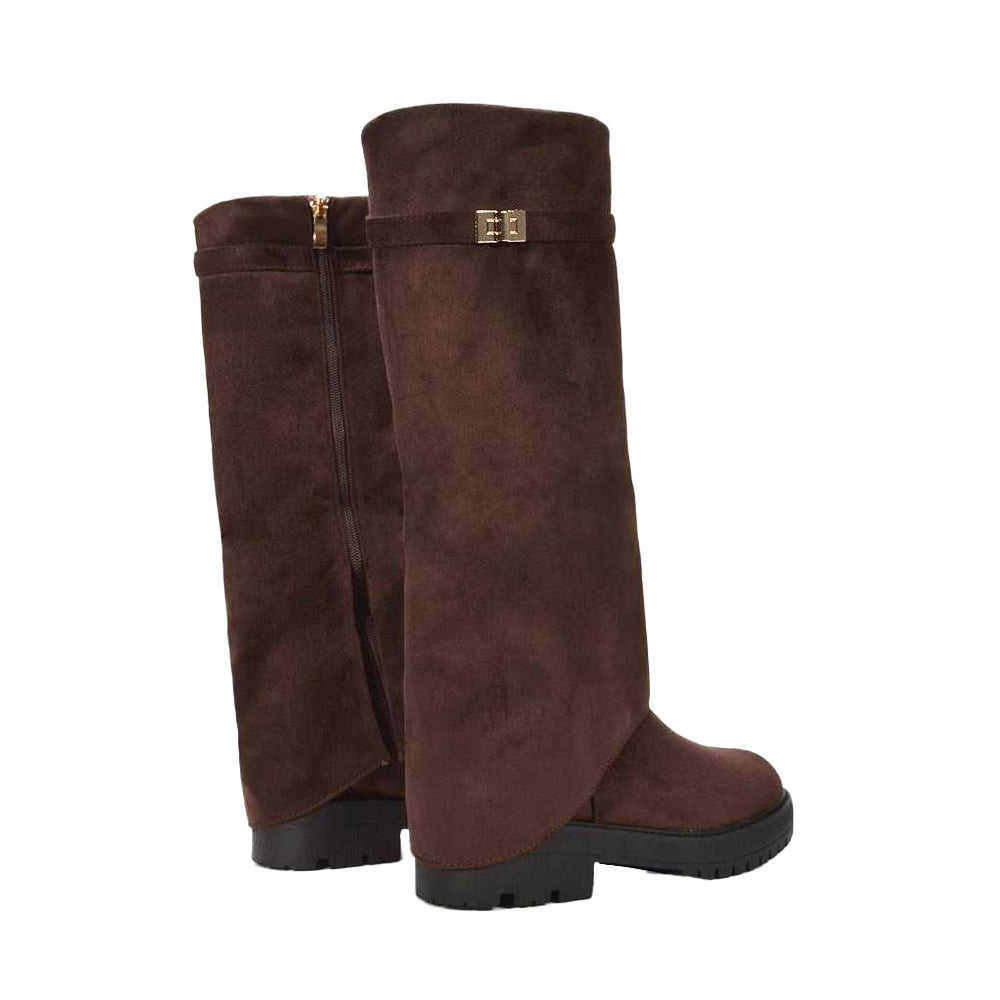 Brown - Back - XY London Womens-Ladies Amina Fold Over Knee-High Low Heel Boots