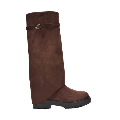 Brown - Side - XY London Womens-Ladies Amina Fold Over Knee-High Low Heel Boots