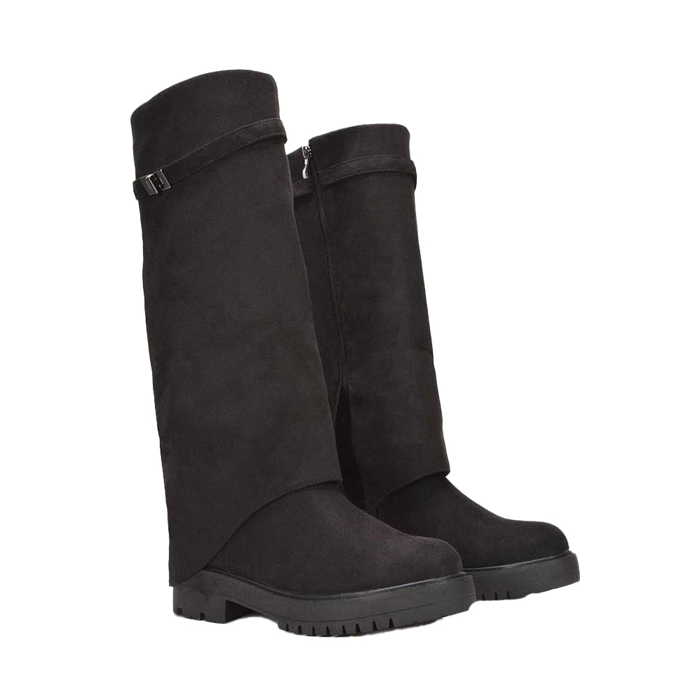 Jet Black - Front - XY London Womens-Ladies Amina Fold Over Knee-High Low Heel Boots