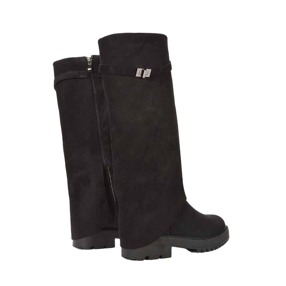 Jet Black - Back - XY London Womens-Ladies Amina Fold Over Knee-High Low Heel Boots