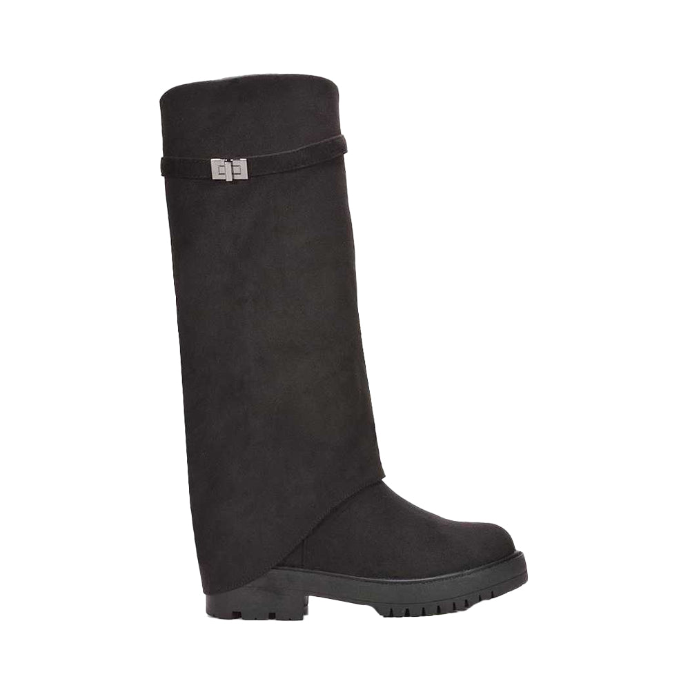 Jet Black - Side - XY London Womens-Ladies Amina Fold Over Knee-High Low Heel Boots