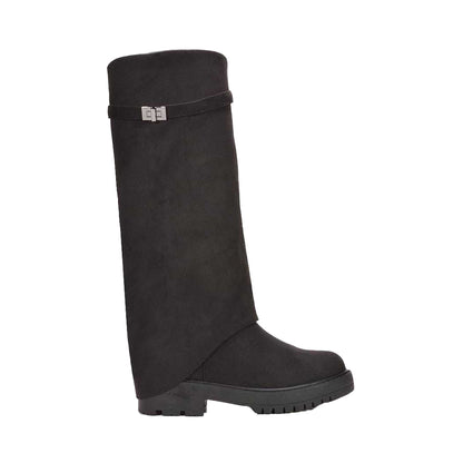 Jet Black - Side - XY London Womens-Ladies Amina Fold Over Knee-High Low Heel Boots