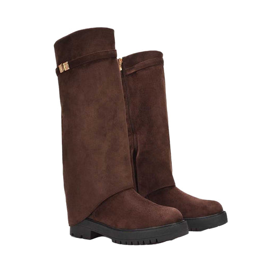 Brown - Front - XY London Womens-Ladies Amina Fold Over Knee-High Low Heel Boots