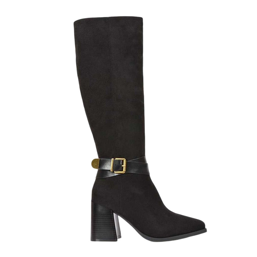 Jet Black - Side - XY London Womens-Ladies Ophelia Knee-High Block Heel Long Boots