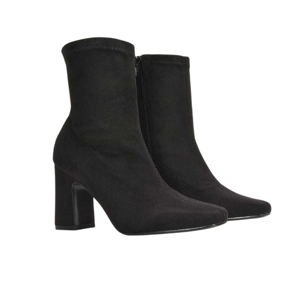 Jet Black - Front - XY London Womens-Ladies Alex Side Zip Stretch Block Heel Ankle Boots
