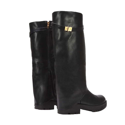 Black - Back - XY London Womens-Ladies Amina Fold Over Knee-High Low Heel Boots