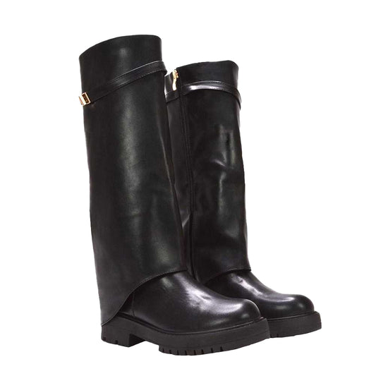 Black - Front - XY London Womens-Ladies Amina Fold Over Knee-High Low Heel Boots