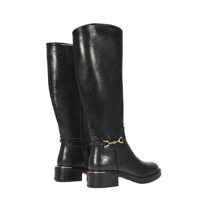Black - Back - XY London Womens-Ladies Cecily Chunky Low Heel Hardware Detail Biker Boots