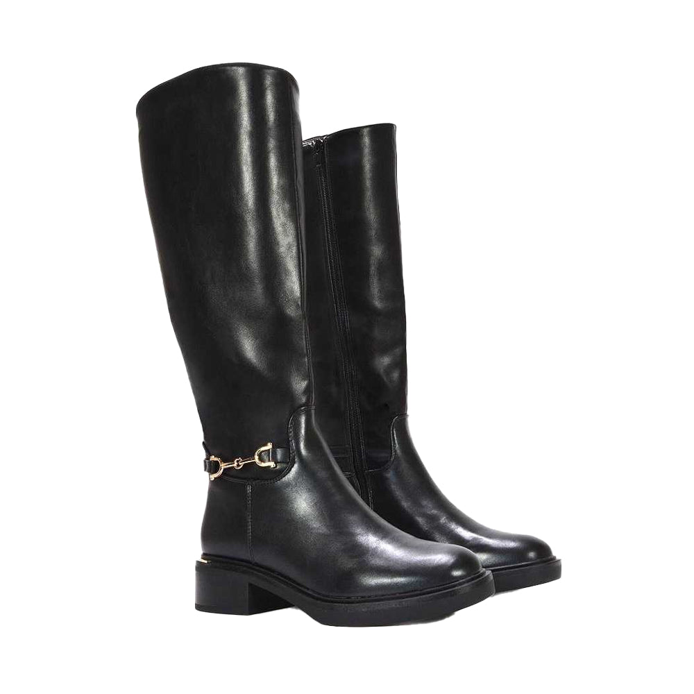 Black - Front - XY London Womens-Ladies Cecily Chunky Low Heel Hardware Detail Biker Boots