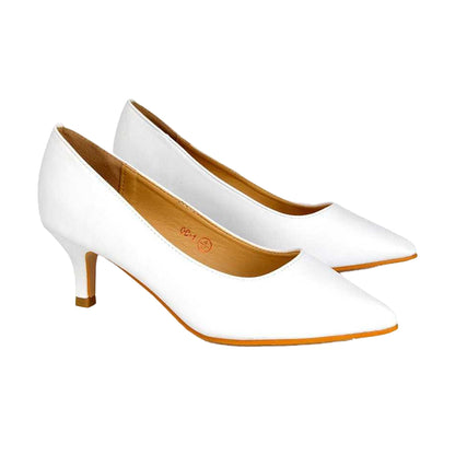 White - Side - XY London Womens-Ladies Gwyneth Pointed Mid Stiletto Kitten Court Shoes