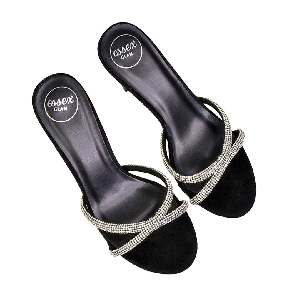 Jet Black - Side - XY London Womens-Ladies Abby Diamante Strappy Stiletto Heel Mule Sandals