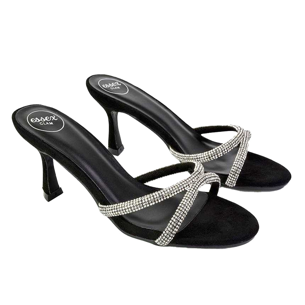 Jet Black - Pack Shot - XY London Womens-Ladies Abby Diamante Strappy Stiletto Heel Mule Sandals