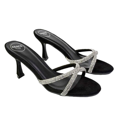 Jet Black - Pack Shot - XY London Womens-Ladies Abby Diamante Strappy Stiletto Heel Mule Sandals