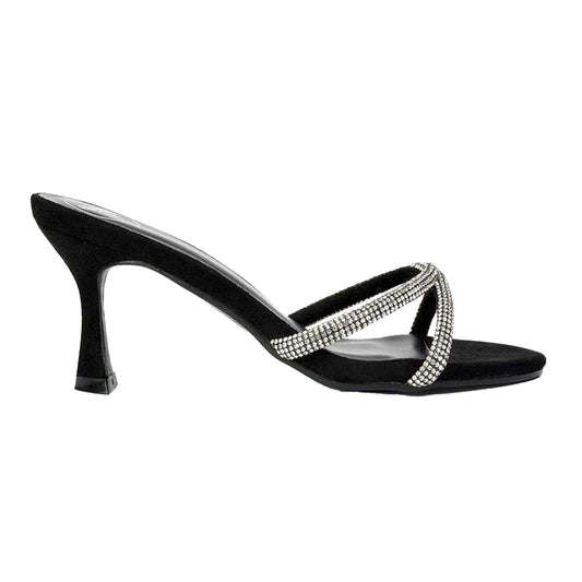 Jet Black - Front - XY London Womens-Ladies Abby Diamante Strappy Stiletto Heel Mule Sandals