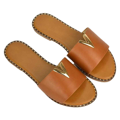 Tan - Side - XY London Womens-Ladies Rorie Cut Out Sliders