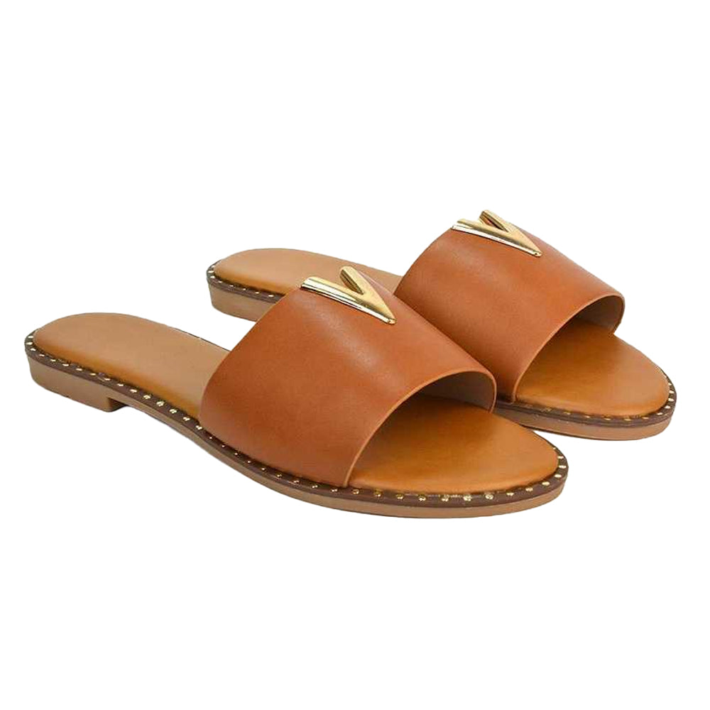 Tan - Pack Shot - XY London Womens-Ladies Rorie Cut Out Sliders