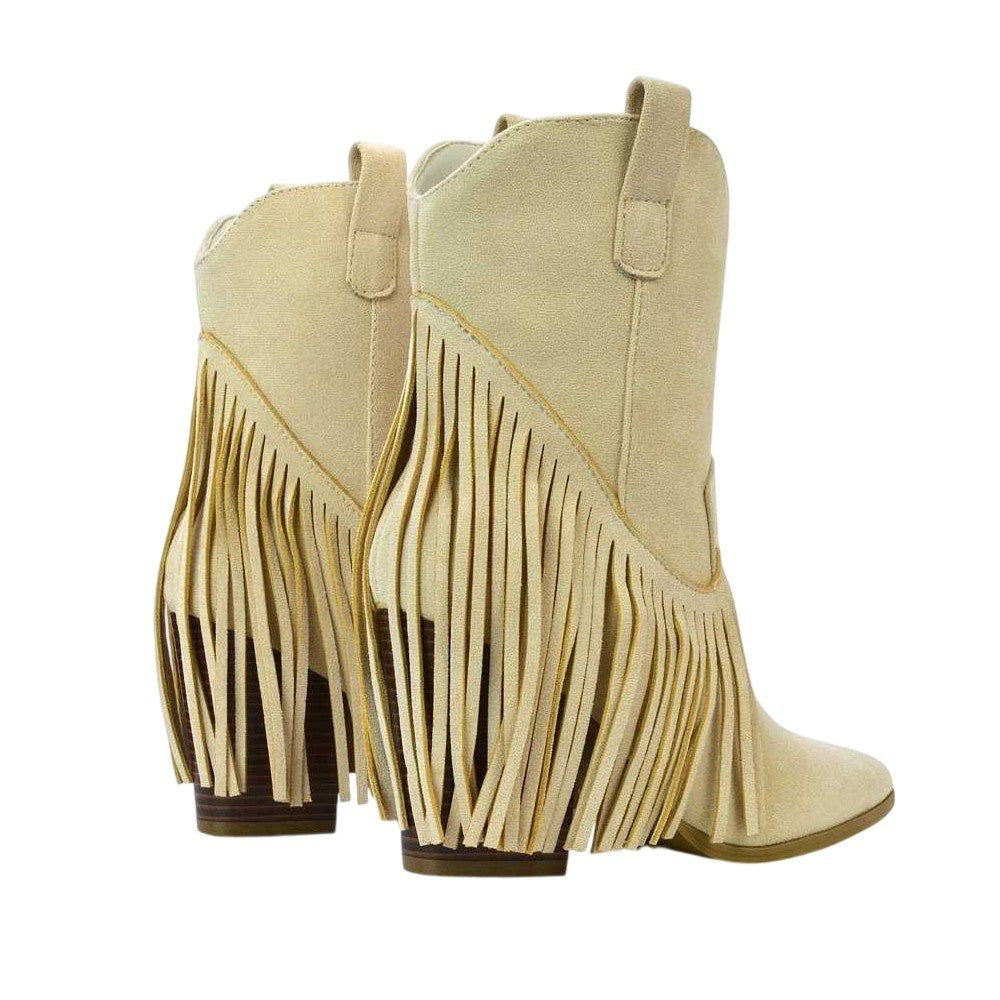 Beige - Back - XY London Womens-Ladies Spencer Tassel Cowboy Boots