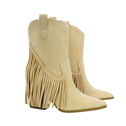 Beige - Side - XY London Womens-Ladies Spencer Tassel Cowboy Boots