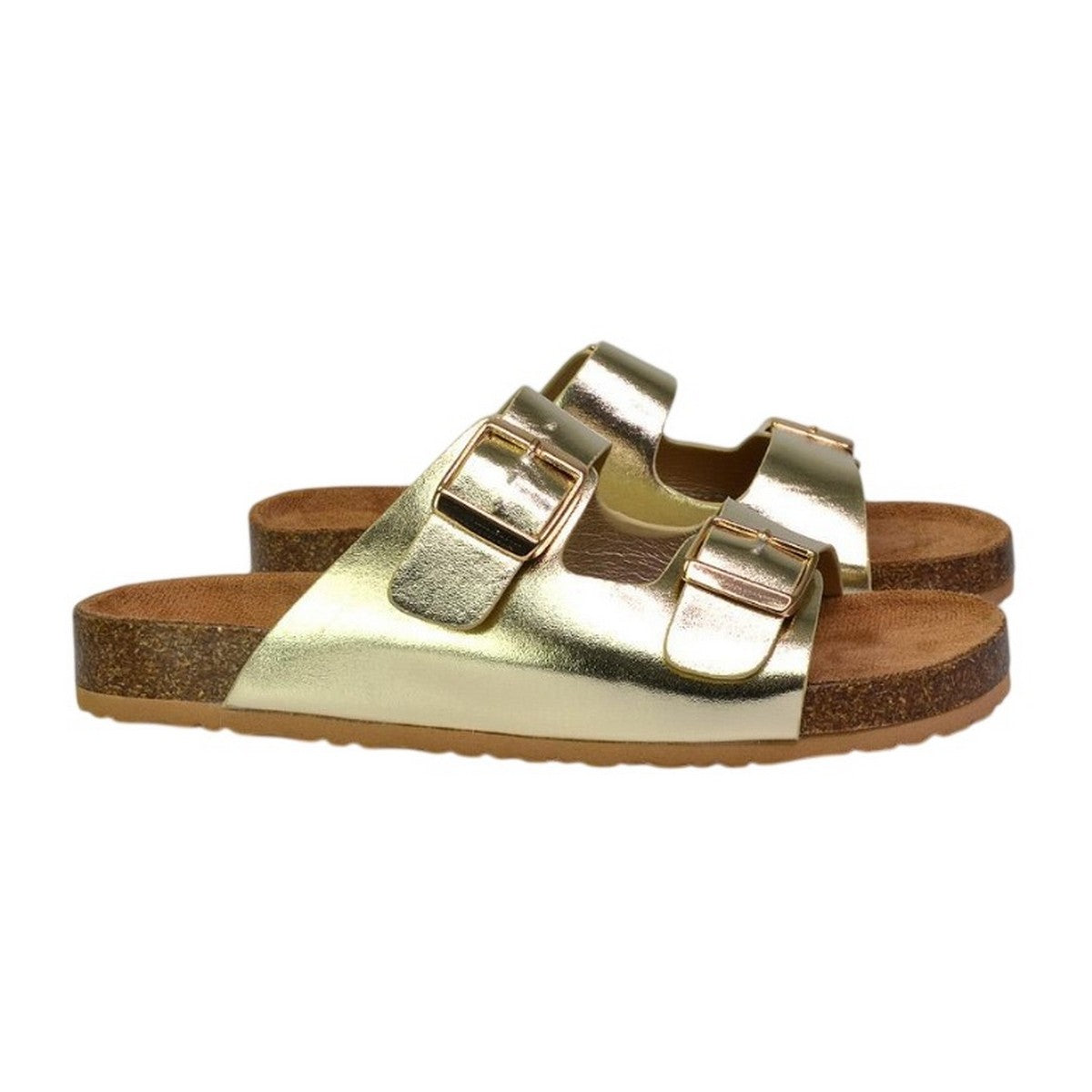 Gold - Side - XY London Womens-Ladies Star Metallic Double Strap Buckle Sandals