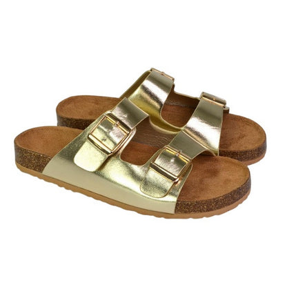 Gold - Front - XY London Womens-Ladies Star Metallic Double Strap Buckle Sandals
