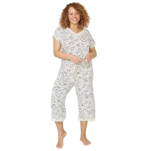 Front - Debenhams Womens/Ladies Sketchy Floral Lace Detail Pyjama Set