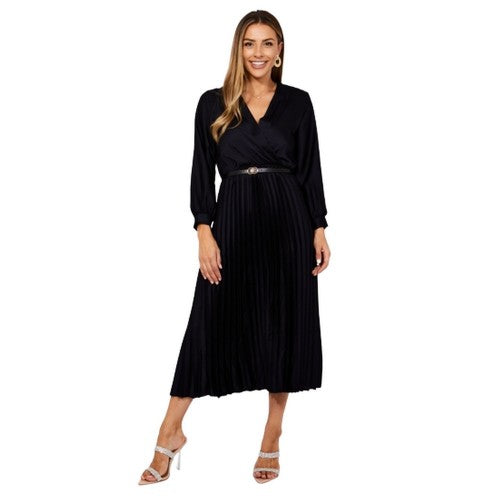 Front - Krisp Womens/Ladies Pleated Satin Wrap Long-Sleeved Midi Dress