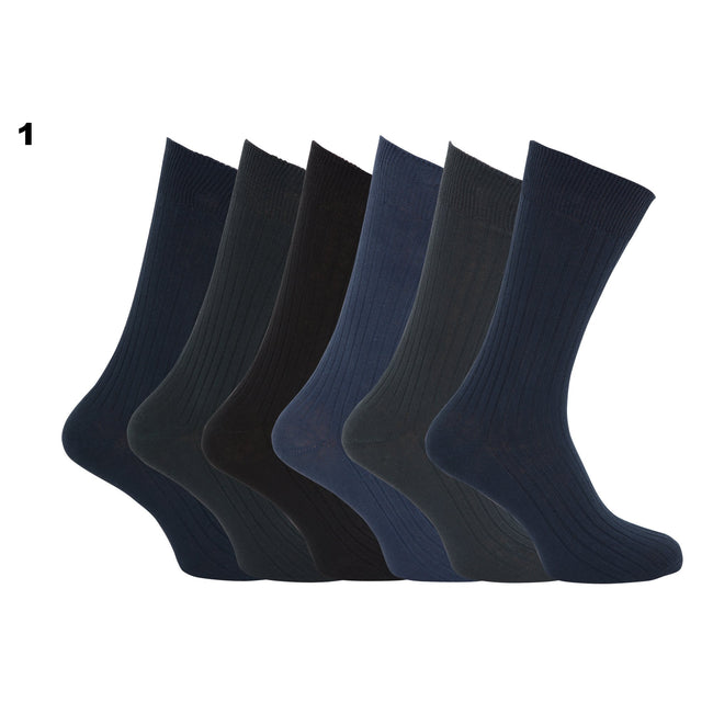 Dark Assorted - Front - Specialist Item: Mens Ribbed XL Non Elastic Top Socks (Pack Of 6)