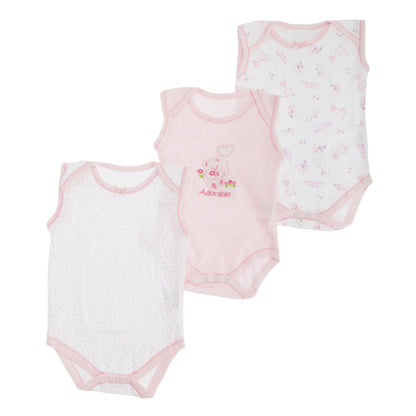 Pink - Front - Baby Girls Bear Pattern Sleeveless Bodysuits  (Pack Of 3)