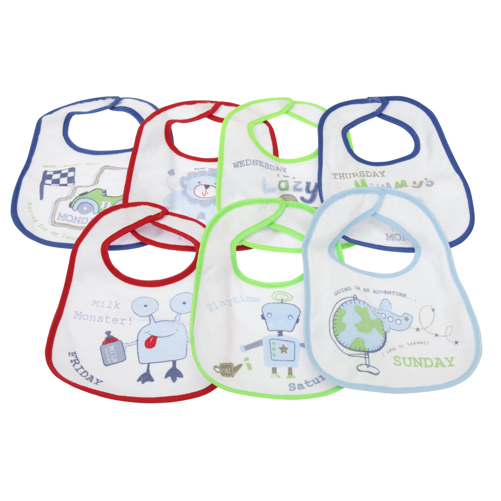 Blue - Front - Baby Patterned 7 Days Of The Week Bibs In Boys & Girls Options (Pack Of 7)